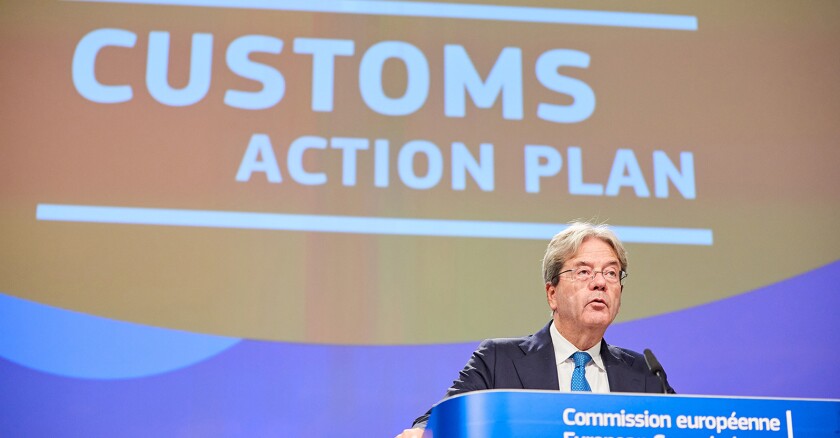 Paolo Gentiloni, le commissaire européen en charge de l’Économie, présente le Plan d'action de l'union douanière le 28 septembre 2020.