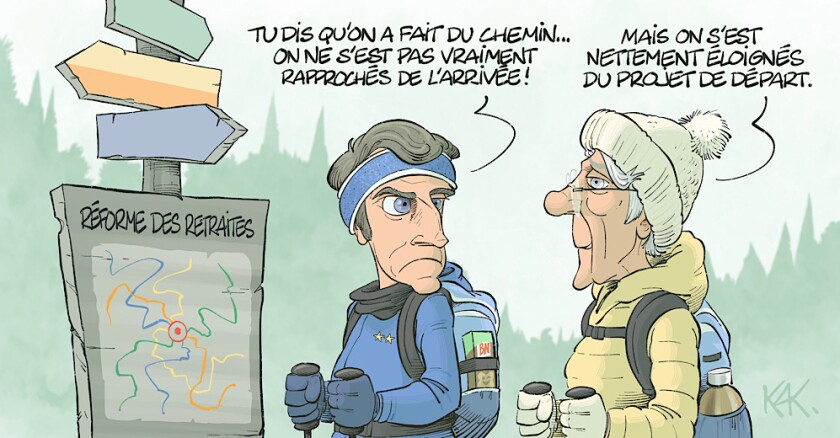 KAK_cartoon_dessin de presse_réforme des retraites_randonnée_Borne_Macron_départ_arrivée