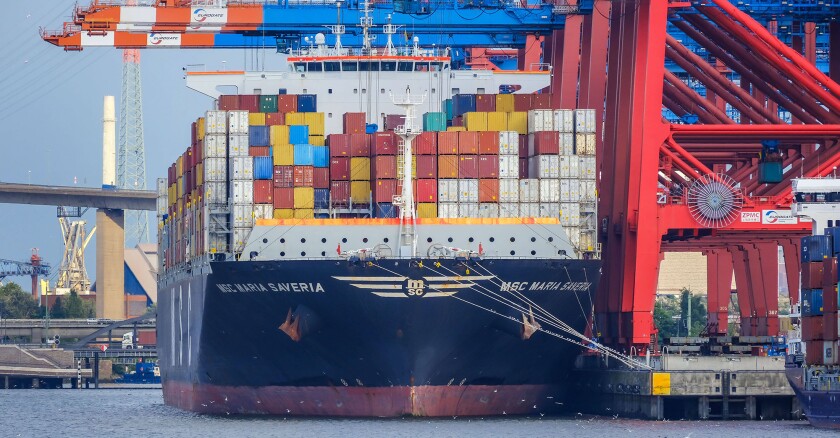 "Container ship in port of Hamburg, Hamburg, Germany, Europe"