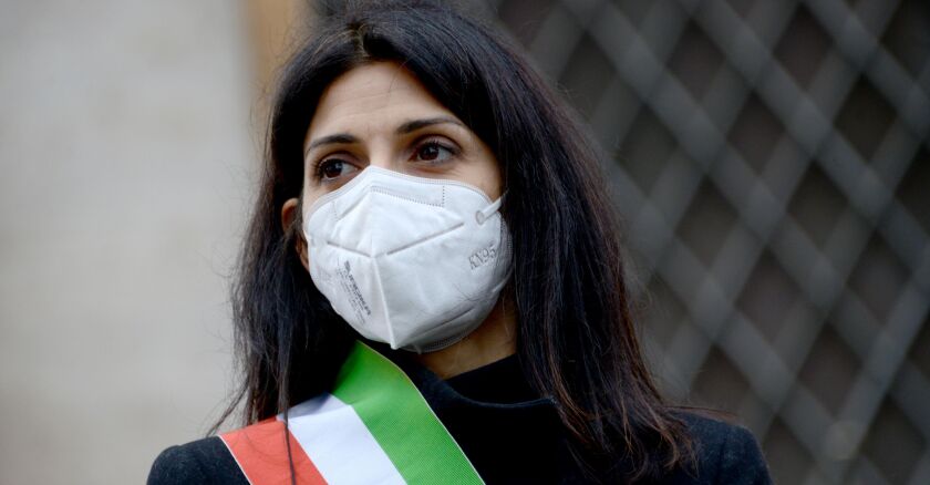 ROME: The Mayor of Rome Virginia Raggi attends the exhibition of a poster with the portrait of Patrick Zaki on the facade of Palazzo Senatorio (Piazza del Campidoglio). The initiative is promoted by the association Oltre - Alternativa Progressista